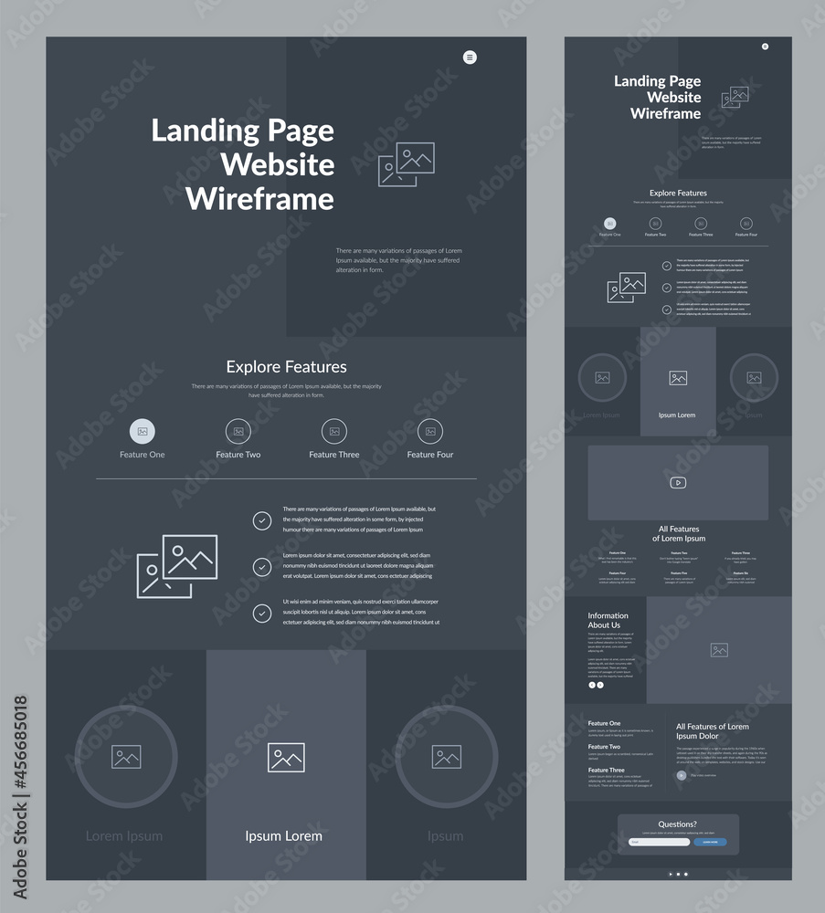 Poster website template design. dark landing page site wireframe. one page site layout interface for your c