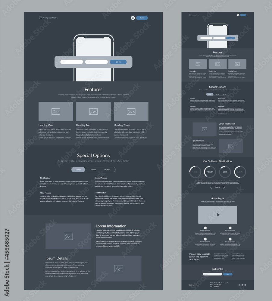 Poster website template design. dark landing page site wireframe. one page site layout interface for your c