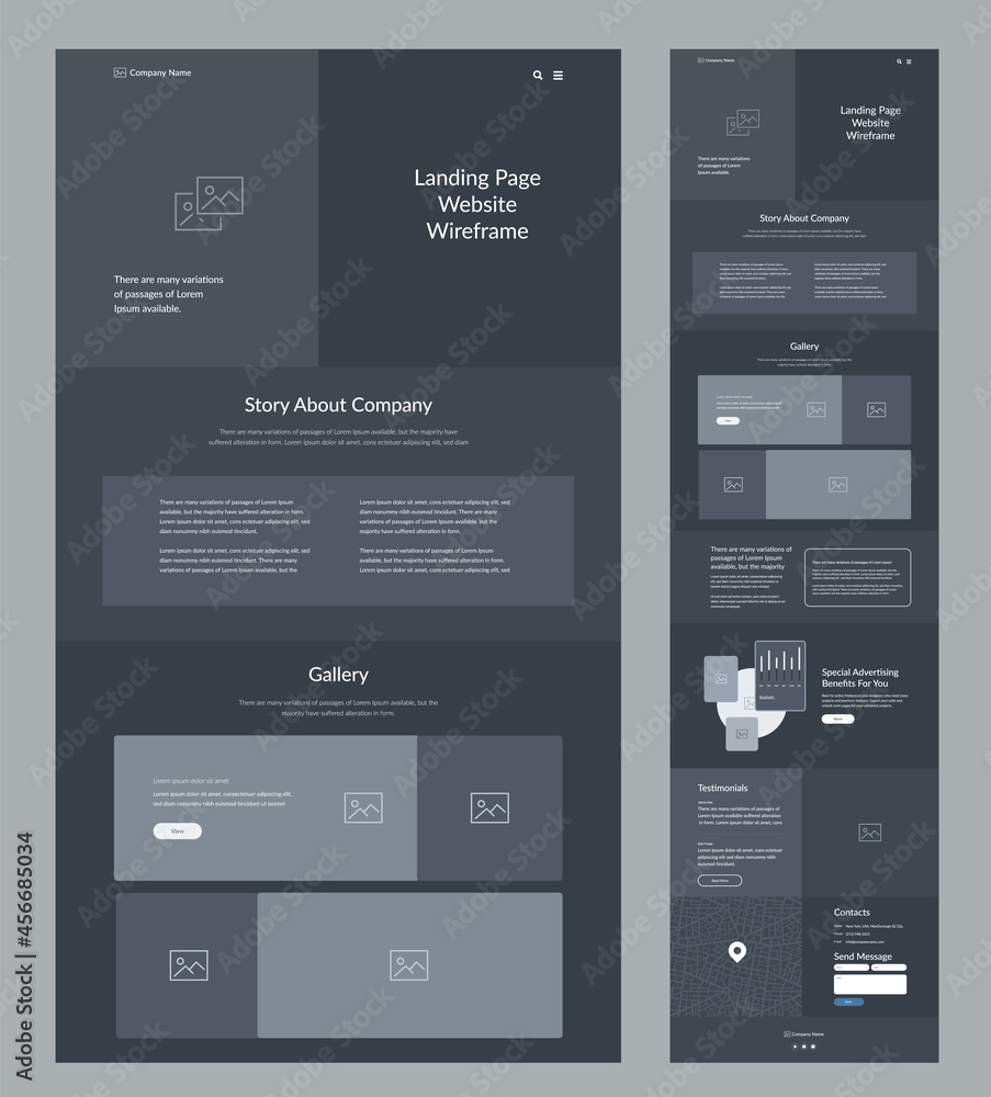 Poster website template design. dark landing page site wireframe. one page site layout interface for your c