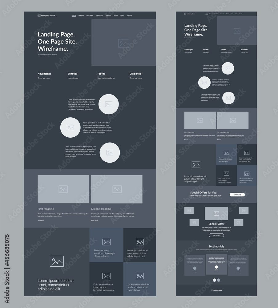 Poster website template design. dark landing page site wireframe. one page site layout interface for your c