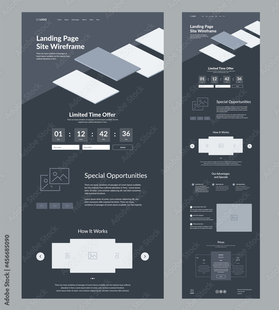Poster website template design. dark landing page site wireframe. one page site layout interface for your c