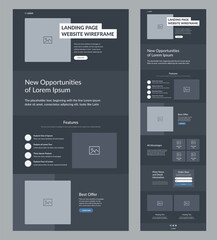 Website template design. Dark landing page site wireframe. One page site layout interface for your company. - obrazy, fototapety, plakaty