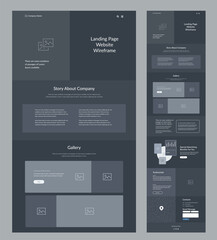 Website template design. Dark landing page site wireframe. One page site layout interface for your company.