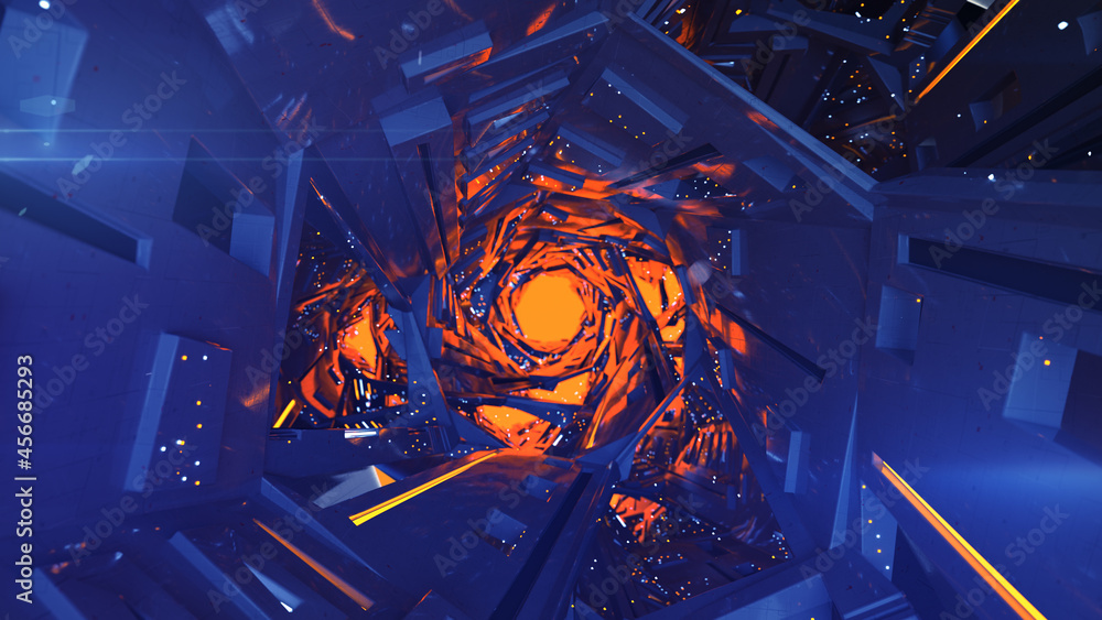 Poster futuristic tunnel with fluorescent lights 3d rendering