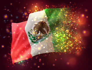 Mexico, vector 3d flag on pink purple background with lighting and flares
