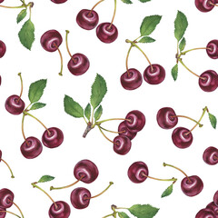 Seamless pattern with sweet sour ripe fruit, black cherry with red berries and green leaves. Watercolor hand drawn painting illustration isolated on white background, for food label design