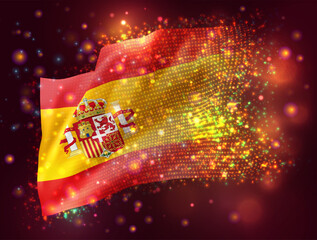 Spain, vector 3d flag on pink purple background with lighting and flares