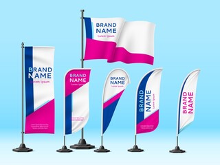 Flags banners identity. Realistic unified design promotional sign, fabric branded mockup, advertisement marketing and event info. Vector set
