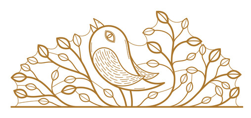Bird on a branch floral vector design with leaves isolated over white, classical elegant fashion style banner or text divider for design, luxury vintage linear emblem or frame element.