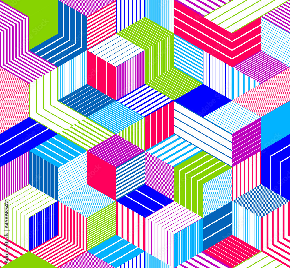 Poster 3d cubes seamless pattern vector background, lined dimensional blocks, architecture and construction