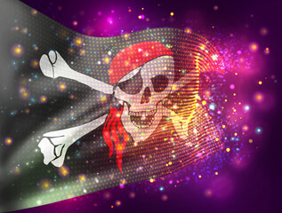 3d vector mesh flag of a pirate skull on a black background with lighting and flares