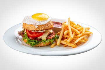 Burger for kids with fries and sauce. On a white background