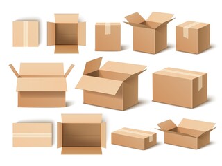 Realistic boxes. 3d cardboard opened and closed packaging template, shipping containers, post delivery, empty paper objects, vector set - obrazy, fototapety, plakaty
