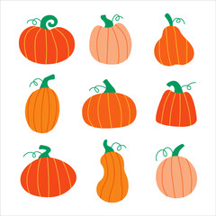 Cute orange pumpkins vector set. Cozy autumn cartoon cliparts for design