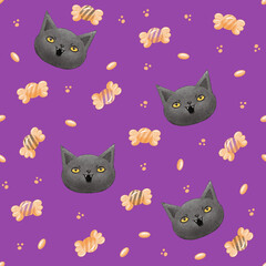 Black cat with candies. Halloween pattern background illustration. Background for wallpaper, wrapping, packaging and background.
