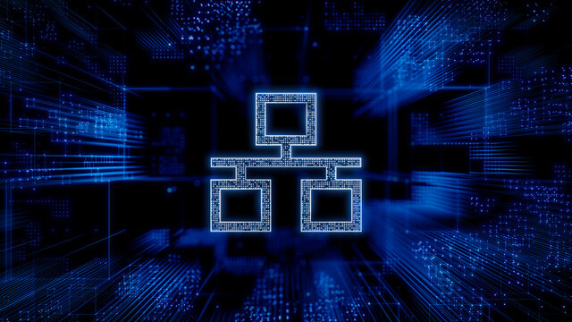 Network Technology Concept with ethernet symbol against a Futuristic, Blue Digital Grid background. Network Tech Wallpaper. 3D Render 