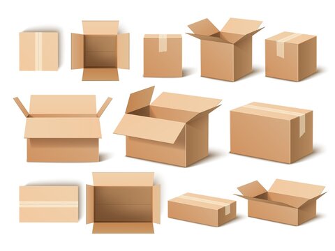 Realistic boxes. 3d cardboard opened and closed packaging template, shipping containers, post delivery, empty paper objects, vector set