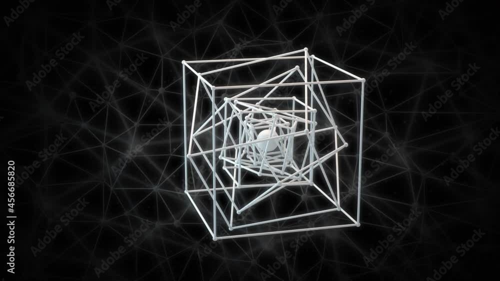 Poster loop 3d animation of a rotating cube, a lot of cubes on the background of an atomic structure. point