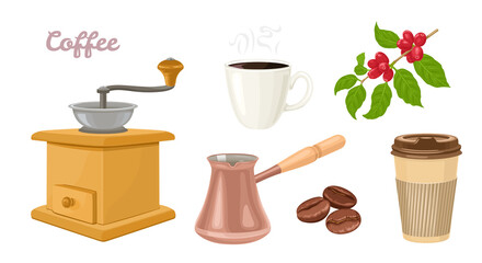 Coffee set. Vector illustration of Antique coffee grinder, Turkish coffee pot or Cezve, Takeaway paper cup, plant and coffee beans. Cartoon flat style.