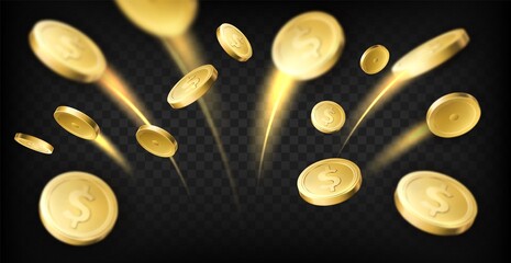 Golden coins explosion. Realistic dollar coins flying with moving traces, gambling games prize, casino jackpot, money cash, vector concept