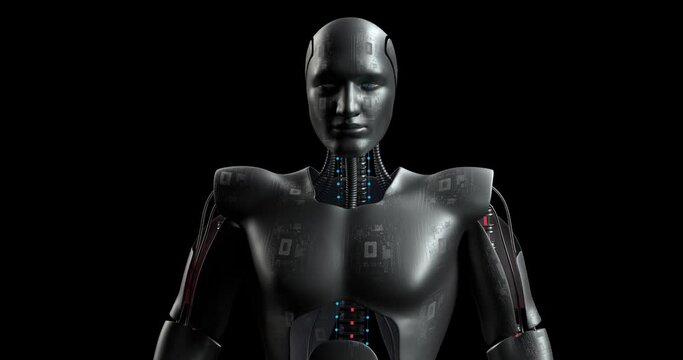 Advanced Powerful Bionic Robot Standing. AI Humanoid. Robotics And Technology 3D Concept.