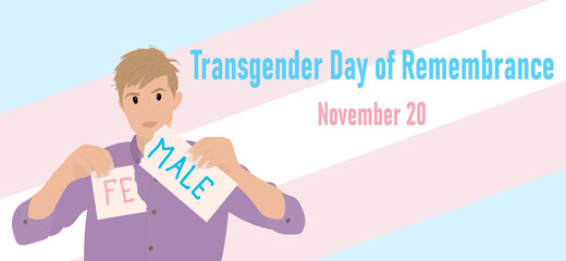 Transgender man tearing the word Female into Male in Gender identity. Transgender Day of Remembrance