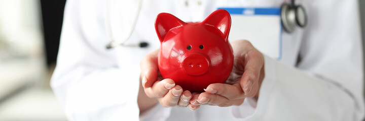 Doctor holds red pig piggy bank in his hands