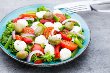 Vegetable salad with cheese mozzarella, tomatoes, basilikum and spice.