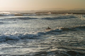 Bodyboarders catching waves in Caparica