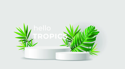 Hello tropics 3d minimal background with ropy green leaves and product podium. 3d palm leaves background for design of summer banners, posters, advertisements, cards, sales. EPS10 vector - obrazy, fototapety, plakaty