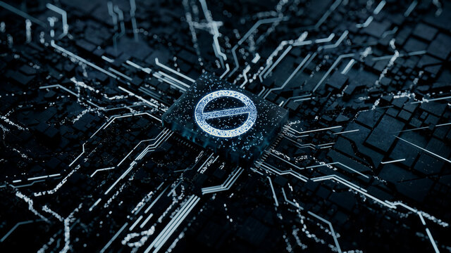 Restricted Access Technology Concept with Prohibition symbol on a Microchip. Data flows from the CPU across a Futuristic Motherboard. 3D render.