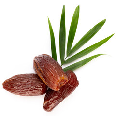 Dry dates isolated on white background. Top view. Flat lay pattern.