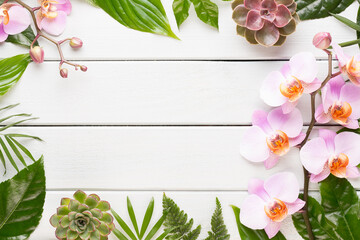 Beauty and fashion concept with spa set on pastel rustic wooden background.