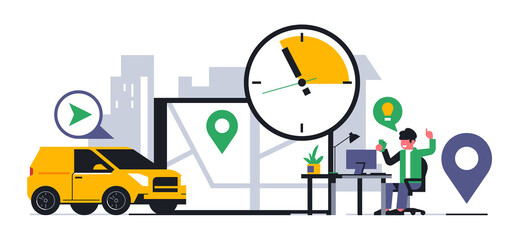 Online food delivery service. An office worker got the idea to order food delivery. City, office, work desk, lunch break, courier car, time, watch, map, street, location, gps. Vector illustration.