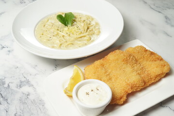 Pasta with deep fried fish