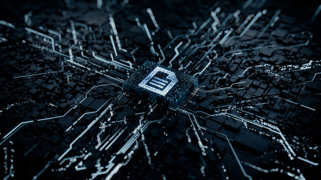 Word document Technology Concept with document symbol on a Microchip. Data flows from the CPU across a Futuristic Motherboard. 3D render.