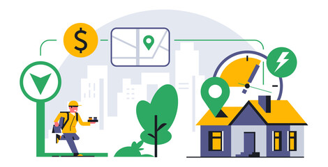 Online food delivery service to your home. A running courier delivering an order to your home. Time, clock, city, street, map, route, address, gps. Vector illustration.