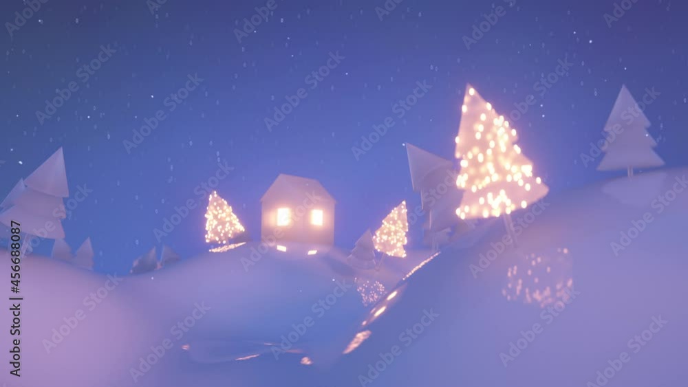 Poster christmas low poly scene with snowfall. 3d render animation