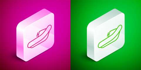 Isometric line Inflatable boat with outboard motor icon isolated on pink and green background. Silver square button. Vector