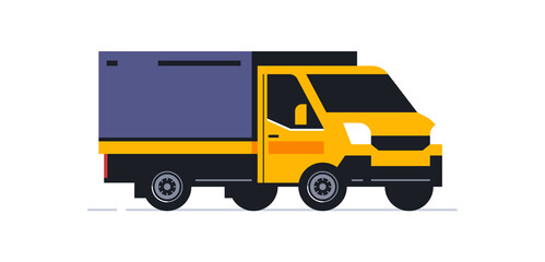 Trucks for the online parcel delivery service. Transport for delivery of orders. Truck front view in half turn. Transportation of orders of parcels, boxes to the house. Vector illustration.