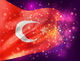 Turkey vector 3d flag on pink purple background with lighting and flares