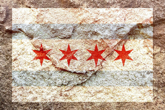 City flag icon of Chicago on a weathered solid rock wall background
