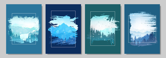 Winter Landscapes Set illustration. Mountain landscape. Travel concept of discovering. Hiking tourism. Adventure. Minimalist graphic posters. Polygonal flat design for coupons, vouchers, cards