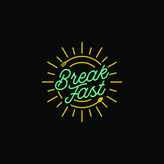 Fototapeta premium Vintage breakfast restaurant with sunrise spoon fork hipster typography logo design