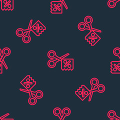 Red line Scissors cuts discount coupon icon isolated seamless pattern on black background. The concept of selling in an online supermarket at low prices or half the cost. Vector