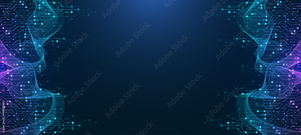 Aufkleber Modern technology circuit board texture background design. Waves flow. Quantum explosion technology. Quantum computer technologies concepts. Futuristic blue circuit board background vector motherboard