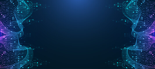 Modern technology circuit board texture background design. Waves flow. Quantum explosion technology. Quantum computer technologies concepts. Futuristic blue circuit board background vector motherboard