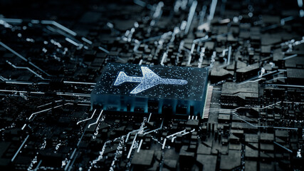 Flight Technology Concept with airplane symbol on a Microchip. Data flows from the CPU across a Futuristic Motherboard. 3D render.