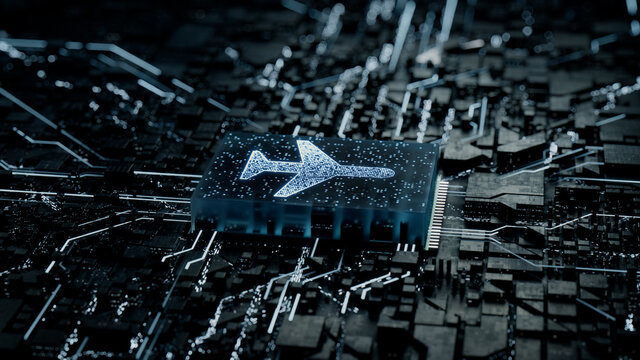Flight Technology Concept with airplane symbol on a Microchip. Data flows from the CPU across a Futuristic Motherboard. 3D render.