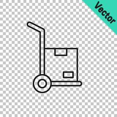 Black line Hand truck and boxes icon isolated on transparent background. Dolly symbol. Vector